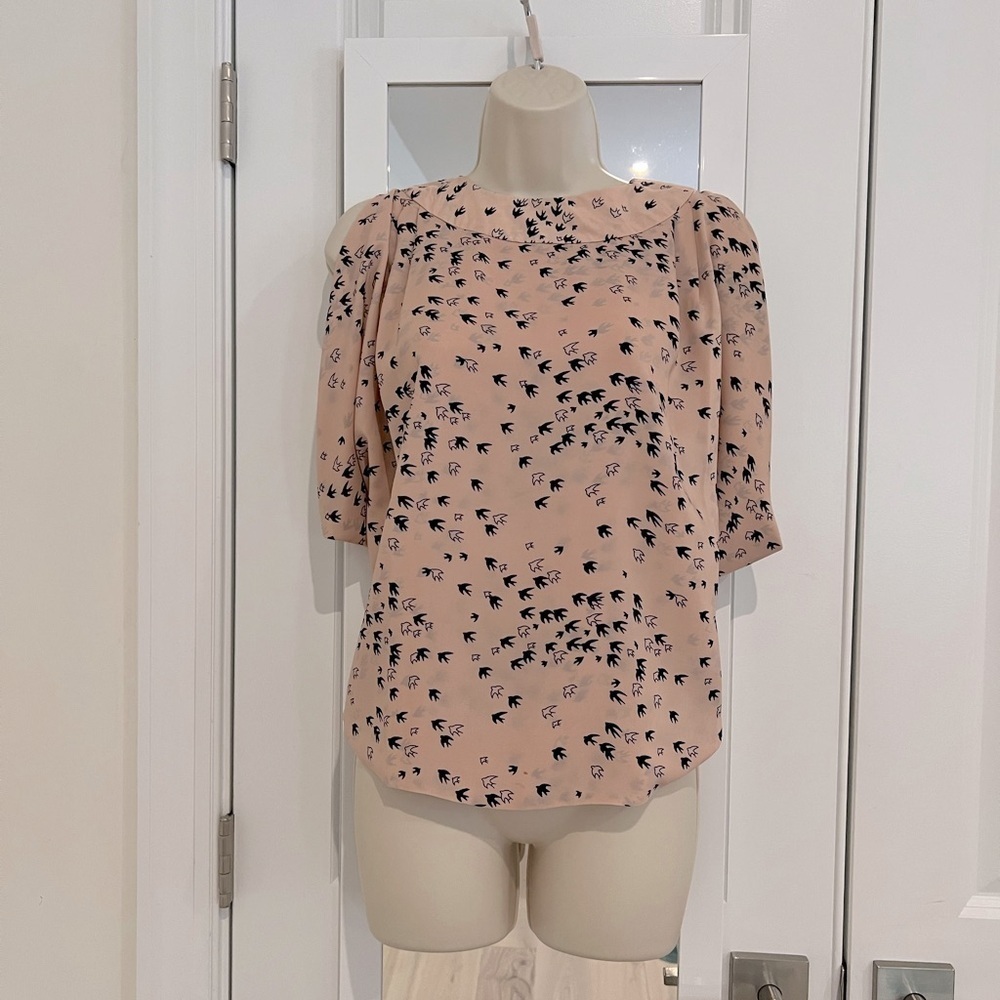 Gracia pink blouse with birds. Open back size small.